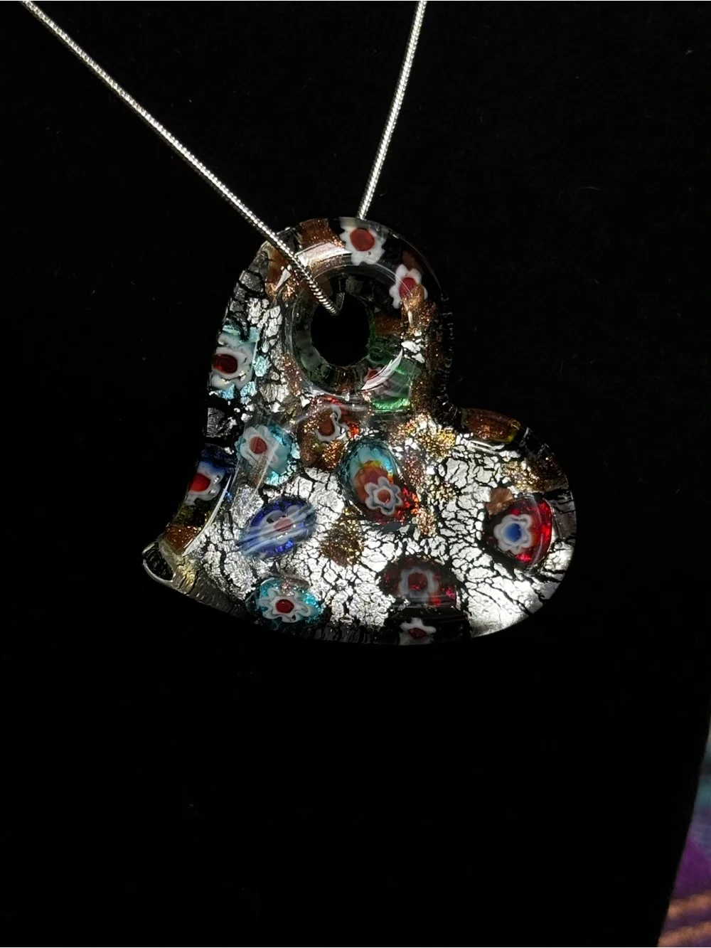 VTG Murano Glass Millefiori Heart Pendant Sterling Silver Necklace